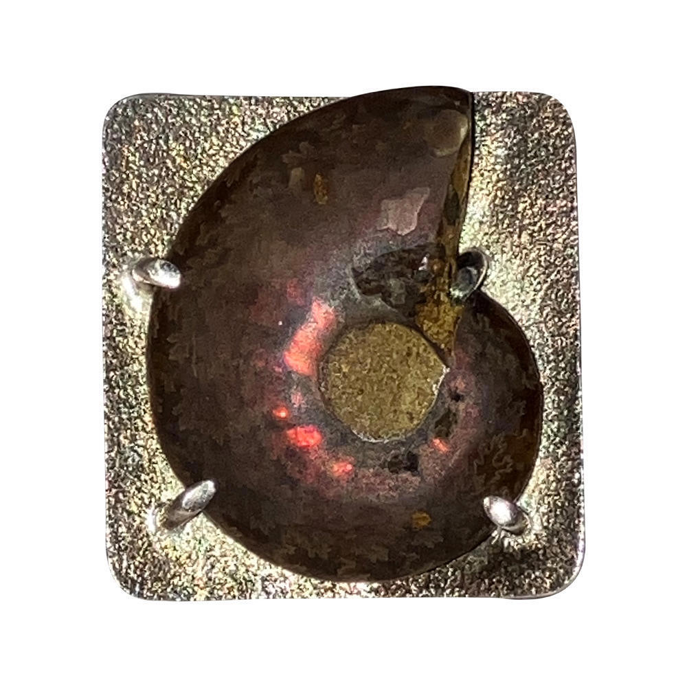 Massive Sterling Opalized Ammonite Fossil Cocktail Ring